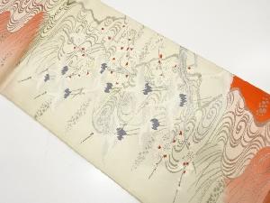 アンティーク　プラチナ箔　群鶴光琳梅模様織り出し袋帯（材料）